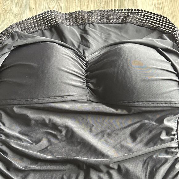 KONA SOL One Piece Swimsuit Bathing Suit Black Bandeau Top Crochet Ruffle Large - Picture 2 of 7